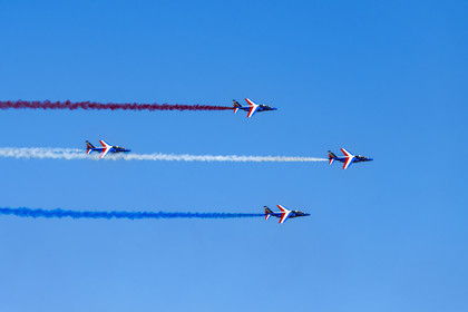 France, Bouches du Rhone, Salon de Provence, air base 701, base of the Patrouille de France (PAF for Patrouille acrobatique de France) of the French Air and Space Force, Alphajet aircraft during a training flight