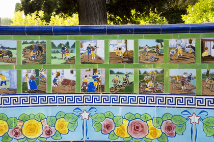 France, Alpes-Maritimes, Menton, Fontana Rosa Garden, Cervantes rotunda, ceramic tiles decorated benches depicting Don Quixote's adventures