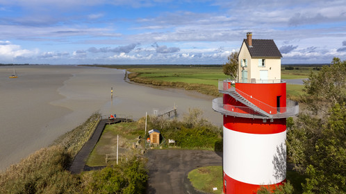 France, Loire Atlantique, Cordemais, open-air contemporary art collection Estuaire, the Villa Cheminée created by the Japanese artist Tatzu Nishi on the banks of the Loire river, work of art but also unusual guest house (aerial view)