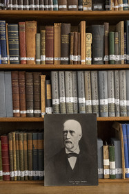 France, Alpes-Maritimes, Antibes, The Botanical Garden of Villa Thuret (attached to INRAE), labeled Jardin Remarquable (Outstanding Garden) and Remarkable Tree, the library, portrait of the botanist and algologist Gustave Thuret