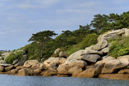 France, Côtes-d'Armor (22), Côte de Granit Rose, Perros-Guirec, Ploumanac'h, couple d'amoureux sur les rochers de granite rose de la pointe de Squewel France, Cotes-d'Armor, Cote de Granit Rose (the Pink Granite coast), Perros Guirec, Ploumanach, couple of lovers on the pink granite rocks of the Pointe de Squewel