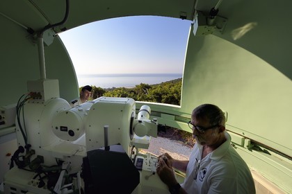 France, Var, Iles d'Hyeres, Parc national de Port Cros (National park of Port Cros), Le Levant island, military zone, optical station of the Verette, optronic turret of the DGA Missile tests center operated by Mr. Raymond P.