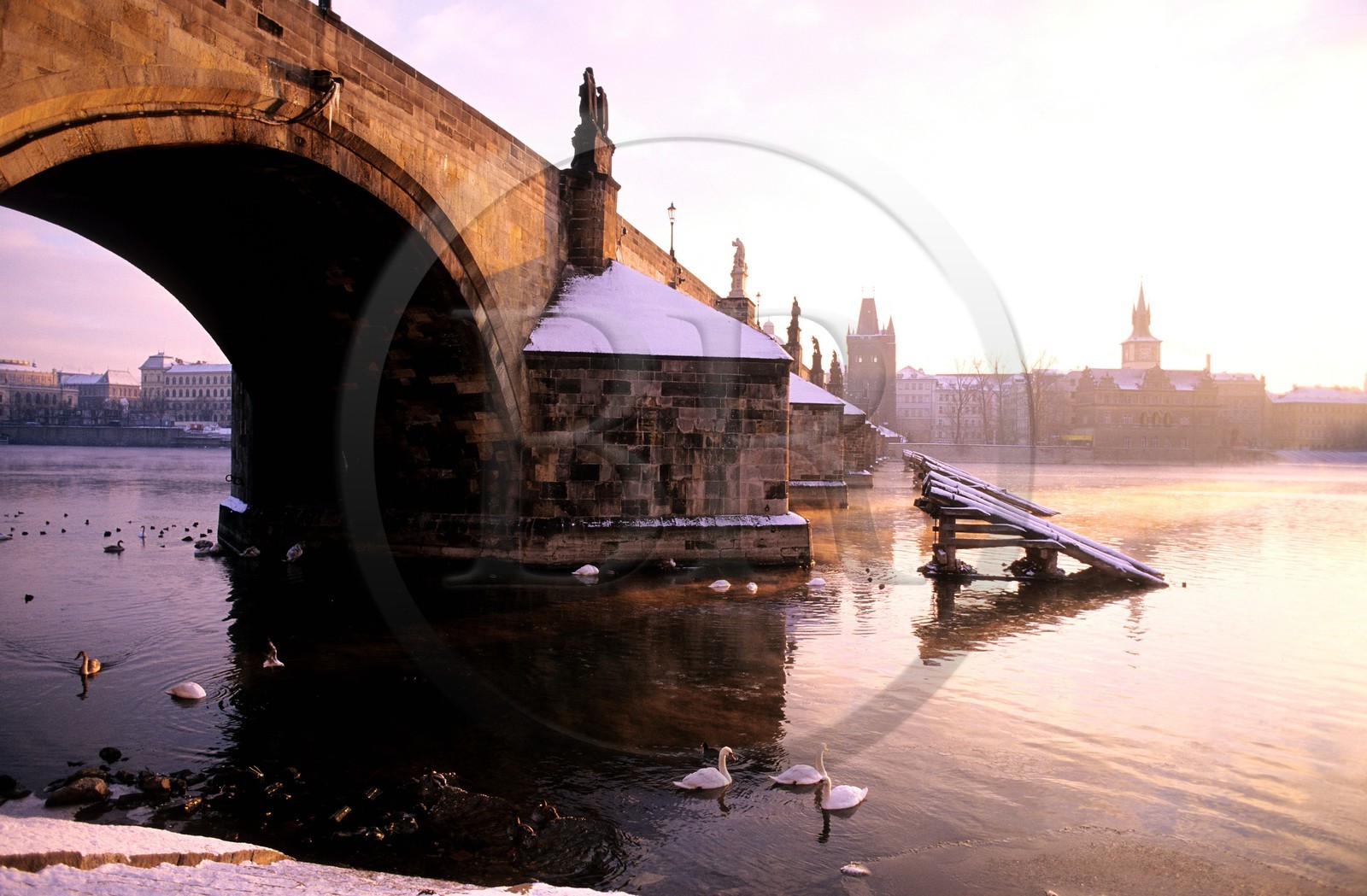 Czech Republic, Prague, Charles Bridge on Vltava river and the old town at dawn