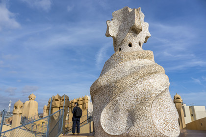 Spain, Catalonia, Barcelona, Eixample district, Passeig de Gracia, Pedrera or Casa Mila (1905-1910) by the Catalan modernist architect Antoni Gaudi, UNESCO World Heritage site, chimneys and ventilation towers on the roof terrace of the building