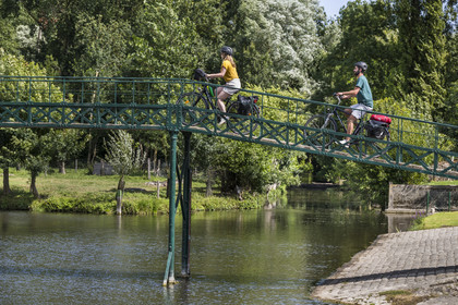 France, Deux-Sèvres (79), le Marais Poitevin, la Venise Verte, Le Vanneau-Irleau, randonnée à bicyclette le long des canaux et passage d'une passerelle