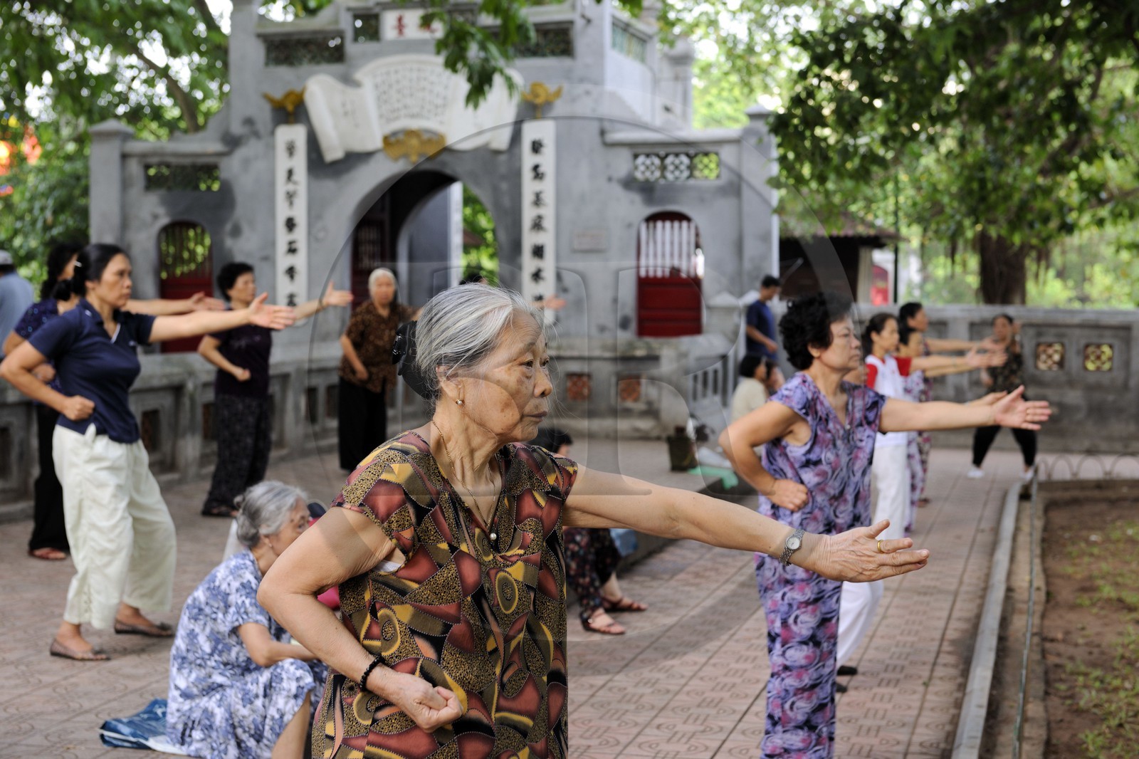 Vietnam, Hanoï, vieille ville, lac Hoan Kiem appelé le petit lac ou lac de l'épée restituée, femmes pratiquant le Tai chi