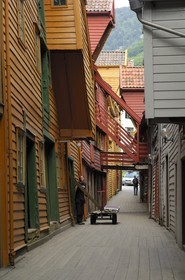 Norvège, comté de Hordaland, Bergen, maisons en bois du quartier de Bryggen, classé Patrimoine Mondial de l'UNESCO, ancien comptoir de la ligue hanséatique (la Hanse)