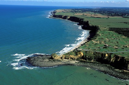 France, Calvados, Pointe du Hoc with bomb holes made by the Normandy landings of the Second World War (aerial view)