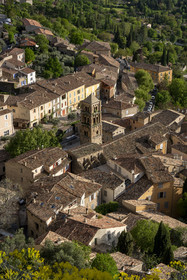 France, Alpes de Haute Provence, Parc Naturel Régional du Verdon, village of Moustiers Sainte Marie, labelled Les Plus Beaux Villages de France (The Most Beautiful Villages of France), the Notre-Dame-de-l'Assomption church with its 12th century bell tower