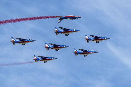 France, Bouches du Rhone, Salon de Provence, air base 701, base of the Patrouille de France (PAF for Patrouille acrobatique de France) of the French Air and Space Force, Alphajet aircraft aerial demonstrations at the Echange des Gardes Ceremony