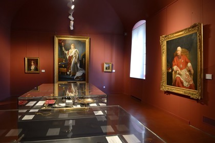 France, Corse du Sud, Ajaccio, Fesch museum (the Museum of Fine Arts), hall of Napoleonic collection, the coronation of Napoleon in the center and a portrait of Cardinal Fesch right