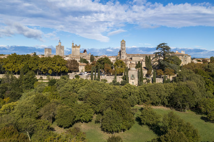 France, Gard, Uzès, the King's tower, the Eveché tower, the Ducal castle called Le Duché with the Bermonde tower and the Saint-Théodorit cathedral with the Fenestrelle tower on the right (aerial view)