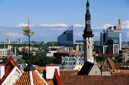 Estonia (Baltic States), Harju Region, Tallinn, European Capital of Culture 2011, the City Hall' s belfry framed by two skyscrapers of the modern city