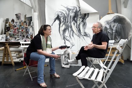 France, Ivry sur Seine, the artist Ernest Pignon-Ernest in his studio, interview of Françoise Monnin for Artension