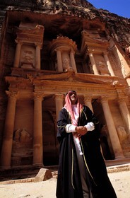 Jordan, Petra, Bedouin in front of Khazneh (the treasure), likely grave of king or queen
