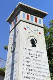 France, Haute Corse, Casinca region in Castagniccia, village of Penta di Casinca, the war memorial with the Moor's head emblem of Corsica
