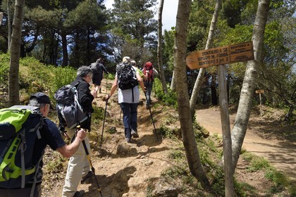 Italie, Sicile, iles Eoliennes, classées Patrimoine Mondial de l'UNESCO, Ile de Salina, randonneurs dans l'ascension du Monte Fossa delle Felci