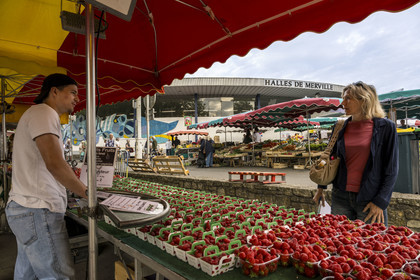 France, Morbihan (56), Lorient, Les halles de Merville, étal de fraise