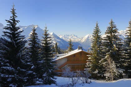 Switzerland, Canton of Vaud, Villars sur Ollon, chalet in the snow