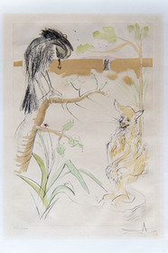 France, Aisne, Château-Thierry, Jean de La Fontaine Museum - city of Chateau-Thierry, illustrations from La Fontaine's Fables, The Raven and the Fox fable II from book I, prints by Salvador Dali, 1976, drypoint on wove paper, stenciled color highlights