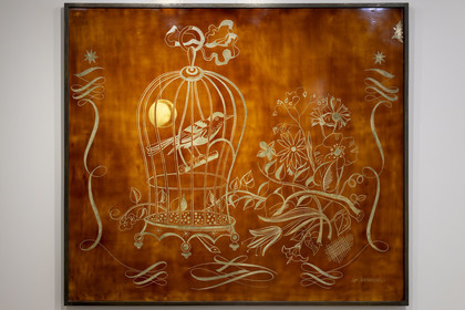 France, Loire-Atlantique (44), Saint-Nazaire, l'Escal'Atlantic dans l'ancienne base sous-marine allemande fait revivre le monde des transatlantiques, panneau de laque dans la reconstitution partielle d'une cabine de première classe du Normandie (1935)