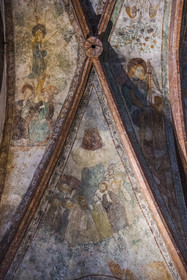 France, Bas-Rhin, Parc regional des Vosges du nord (Northern Vosges Regional Natural Park), La Petite Pierre, the simultaneous Church of Our Lady alternating between Catholic and Protestant worship, frescoes painted in the 15th century illustrating the mysteries of Christianity, the Ascension of Christ