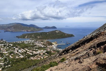 Italy, Sicily, Aeolian Islands, listed as World Heritage by UNESCO, Vulcano Island, the flanks of the crater of the volcano della Fossa, Lipari Island in the background