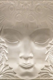 France, Moselle, Meisenthal, Centre international d'Art verrier (CIAV) (international glass centre), the glass museum, female mask by René Lalique, molded-pressed crystal from the 3rd quarter of the 20th century