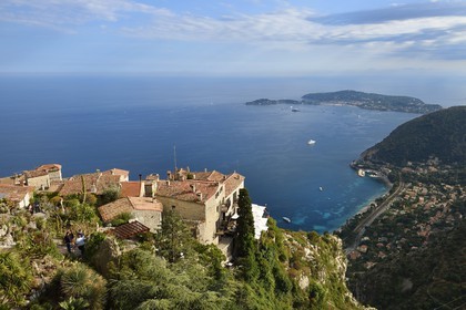 France, Alpes-Maritimes, the hilltop village of Eze and its Exotic Garden, Saint-Jean-Cap-Ferrat in the background