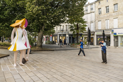 France, Charente Maritime, Rochefort, Place Colbert is the historic heart of the city, statues representing the Demoiselles de Rochefort created by the artist Franck Ayroles