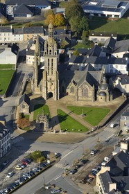 France, Finistere, Pleyben, the church and the calvary in the Parish close (enclos paroissial) (aerial view)