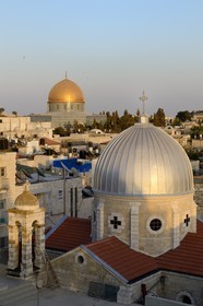 Israel, Jerusalem, holy city, the old town listed as World Heritage by UNESCO, the roofs of the Muslim Quarter, the church of Our Lady of the Spasm and the Dome of the Rock in the background