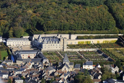 France, Indre et Loire, Loire Valley listed as World Heritage by UNESCO, the castle and gardens of Villandry (owners Henri and Angelique Carvallo) (aerial view)
