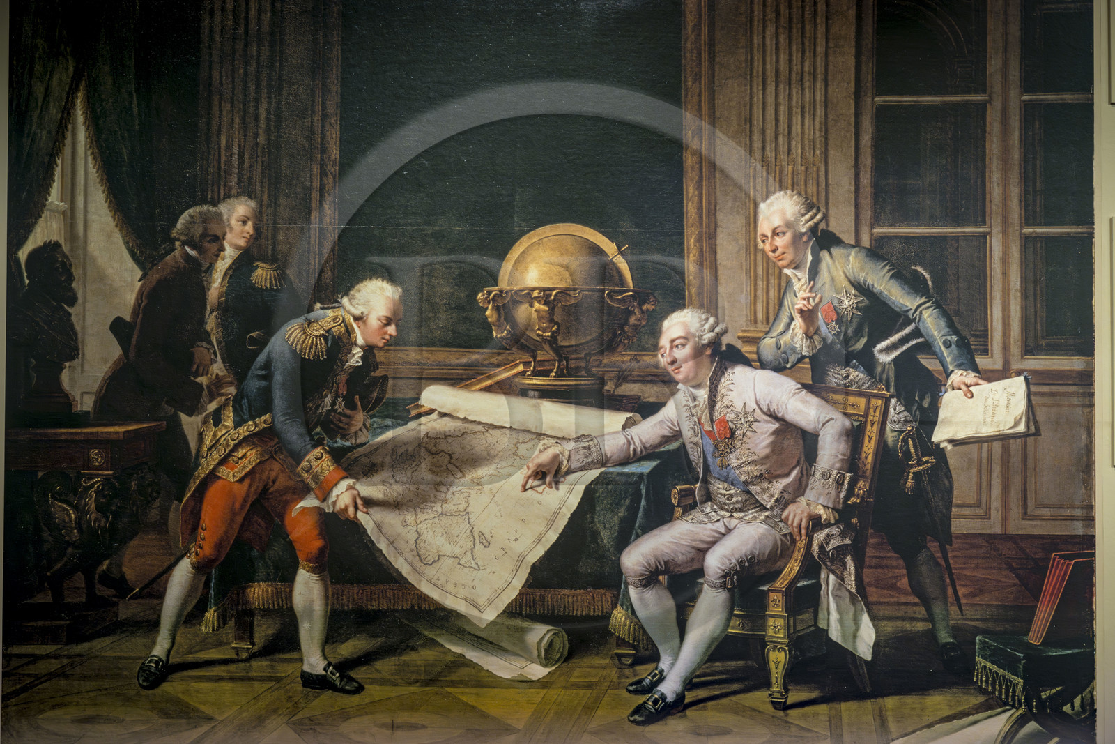 France, Finistère (29), Brest, le musée national de la Marine dans le château, salle dédié à l'expédition de La Pérouse, reproduction de la peinture, Louis XVI donnant ses instructions à La Pérouse, 29 juin 1785, de Nicolas André France, Finistère (29), Brest, le musée national de la Marine dans le château, salle dédié à l'expédition de La Pérouse, reproduction de la peinture, Louis XVI donnant ses instructions à La Pérouse, 29 juin 1785, de Nicolas André