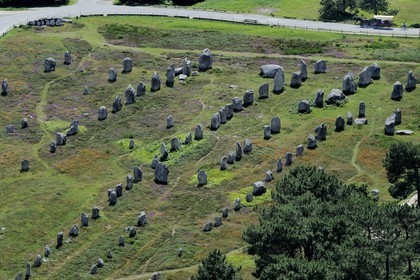 France, Morbihan, Carnac, row of megalithic standing stones at Kermario (aerial view)