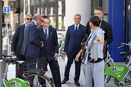 France, Bas Rhin, Strasbourg, European district, the European Parliament, the new MEP and former Italian Prime Minister Silvio Berlusconi leaving the Winston Churchill building
