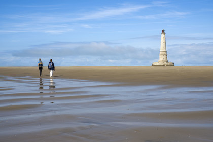 France, Gironde, Verdon sur Mer, rocky plateau of Cordouan at low tide, lighthouse of Cordouan, listed as World Heritage by UNESCO