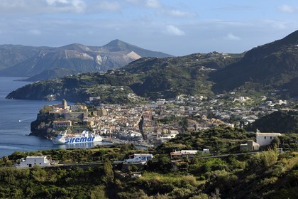 Italy, Sicily, Aeolian Islands, listed as World Heritage by UNESCO, Lipari Island, the town of Lipari and Vulcano Island volcano in the background