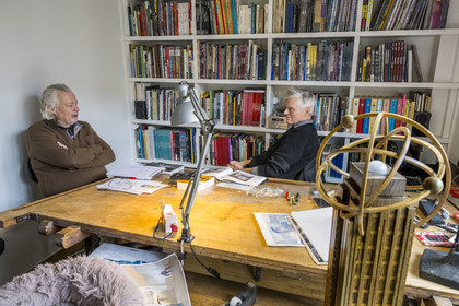 France, Paris, cartoonist and comic book author François Schuiten in his Parisian studio, interview by artist and art critic Pierre Lamalattie for Artension