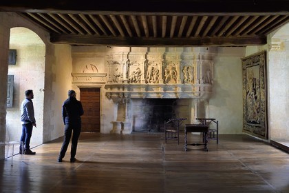 France, Dordogne (24), Périgord Vert, Villars, château de Puyguilhem, la Grande Salle et sa cheminée aux reliefs illustrant les travaux d'Hercule