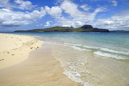 France, Mayotte island (French overseas department), Grande-Terre, M'Tsamoudou, islet of white sand on the coral reef in the lagoon facing Saziley Point