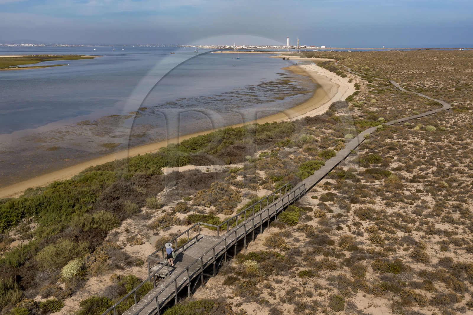 Portugal, Algarve, Parc naturel de la Ria Formosa, Faro, chemin de planches de bois sur l'Ile de Barreta ou Deserta (Ilha da Barretta ou Deserta), le phare de Ilha do Farol sur Ilha da Culatra en arrière plan (vue aérienne)