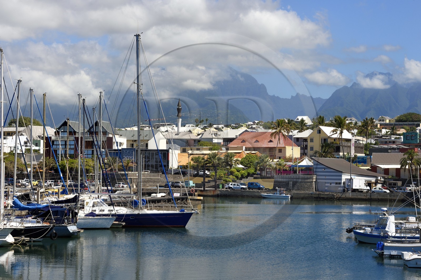 France, Ile de la Reunion, ville de Saint-Pierre, le port de plaisance et de peche, la mosquée Attyab oul Massadjid en arrière plan