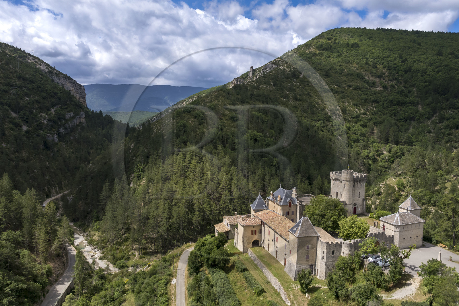 France, Drome, regional natural park of Baronnies provencales, Aulan, castle (12th century rebuilt 19th century), the Aulan gorges alongside the Toulourenc river (aerial view)