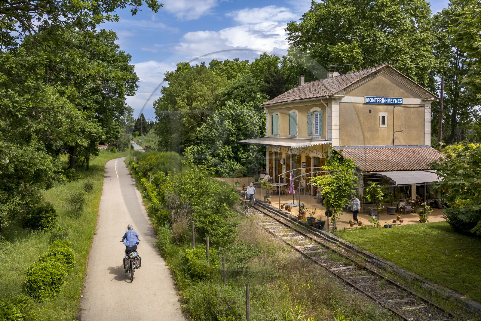 France, Gard, Montfrin, former Montfrin-Meynes station, propriété aujourd'hui de Claudie et Yvon Beuraert, bordered by the cycle path of the Pont du Gard greenway