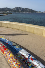 France, Bouches du Rhone, Marseille, Corniche of President John Fitzgerald Kennedy, the Viv'Arthe Association and its Mosaic Project, cover with mosaic the longest bench in the world which runs for almost 3 km along the Corniche