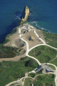 France, Calvados, Pointe du Hoc with bomb holes made by the Normandy landings of June 6 1944 during the Second World War (aerial view)