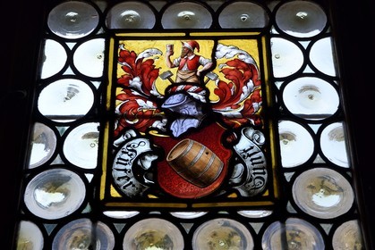 France, Bas Rhin, Strasbourg, old town listed as World Heritage by UNESCO, place de la cathedrale, the Kammerzell House from the 15th-16th century, crown glass (window), stained glass illustrating the activity of the brewer