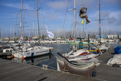 France, Vendee, Les Sables d'Olonne, Port Olona, Vendée Globe sailboat pontoon, Mini 6.50 class monohull regatta sailing boat preparing to participate at the minitransat