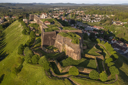 France, Moselle, Parc regional des Vosges du nord (Northern Vosges Regional Natural Park), Bitche, the citadel fortified by Vauban (aerial view)
